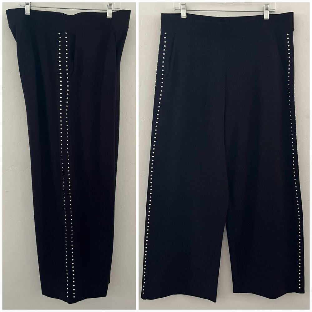 Magaschoni Studded Pants XL Black Wide Leg Pull-On Pockets Stretch Evening NEW